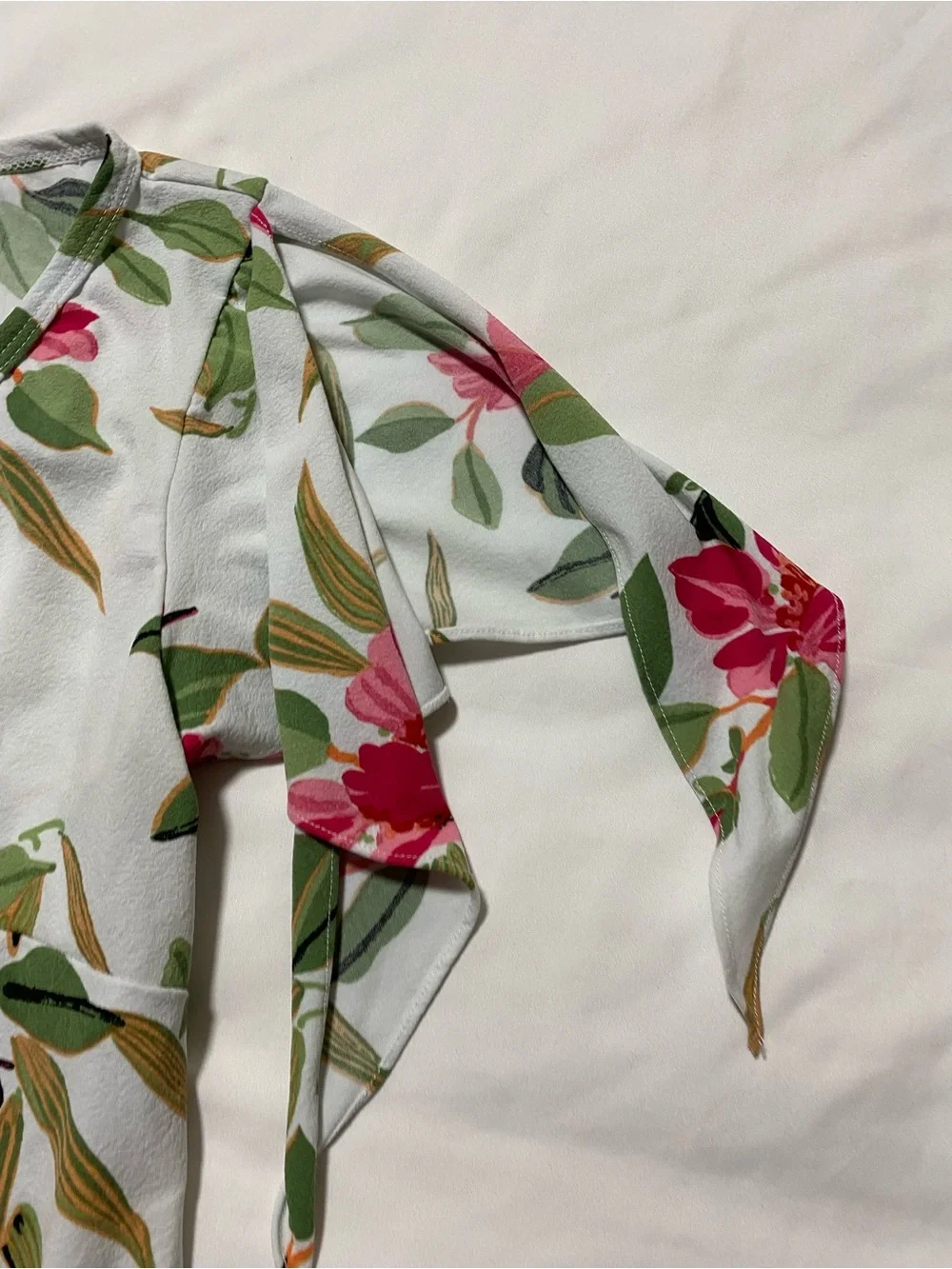 Charlotte Russe White Floral Wrap Top with Pink & Green Blooms